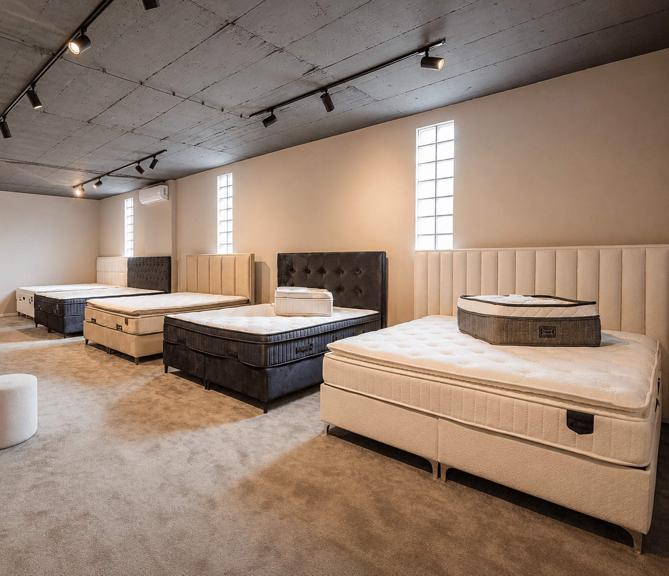 Mattresses displayed in a showroom setting.