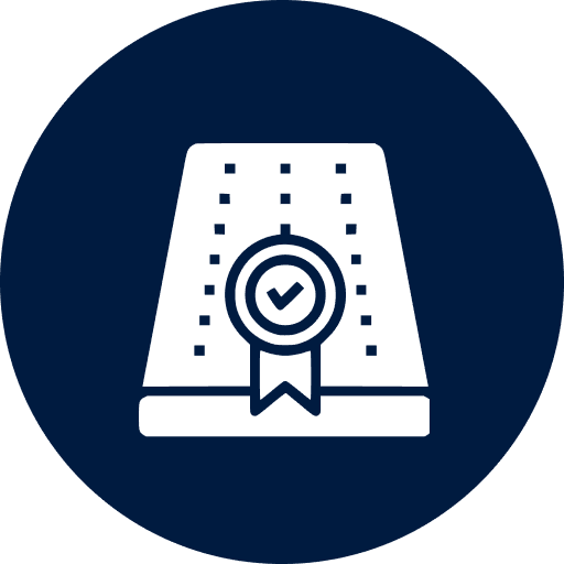 Certificate icon with check mark on blue.