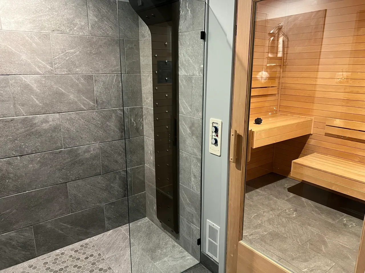 Modern gray tiled shower with adjacent sauna